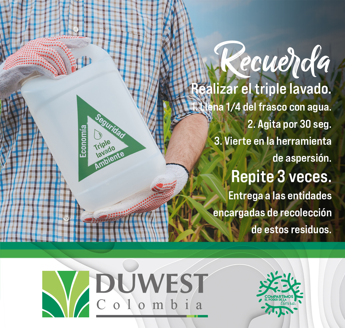 DuwestC's tweet photo. Después de desocupar el envase, recuerde realizar triple lavado, para reducir la contaminación que estos puedan liberar al medio ambiente, posteriormente llevar estos a los puntos de recolección de las entidades encargadas. 
#agro #campo #BPA #agricultura https://t.co/zcOLowChSA