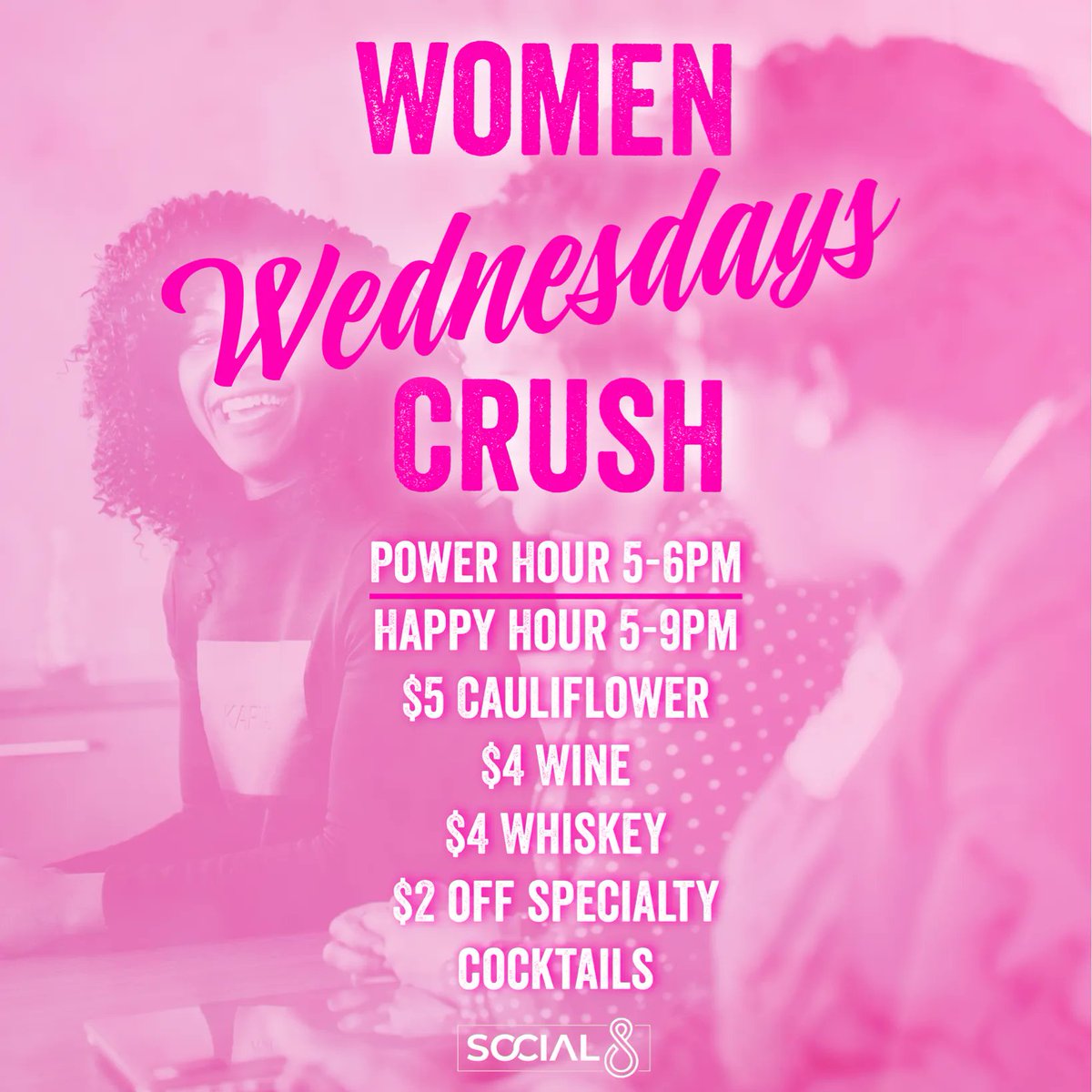 AkronSocial8's tweet photo. Power Hour starts at 5pm today with $2 on most shots | Happy Hour is from 5-9pm with $5 Cauliflower, $4 wine, and $4 whiskey | Kitchen closes at 10pm #social8 https://t.co/WKrnukvQNe