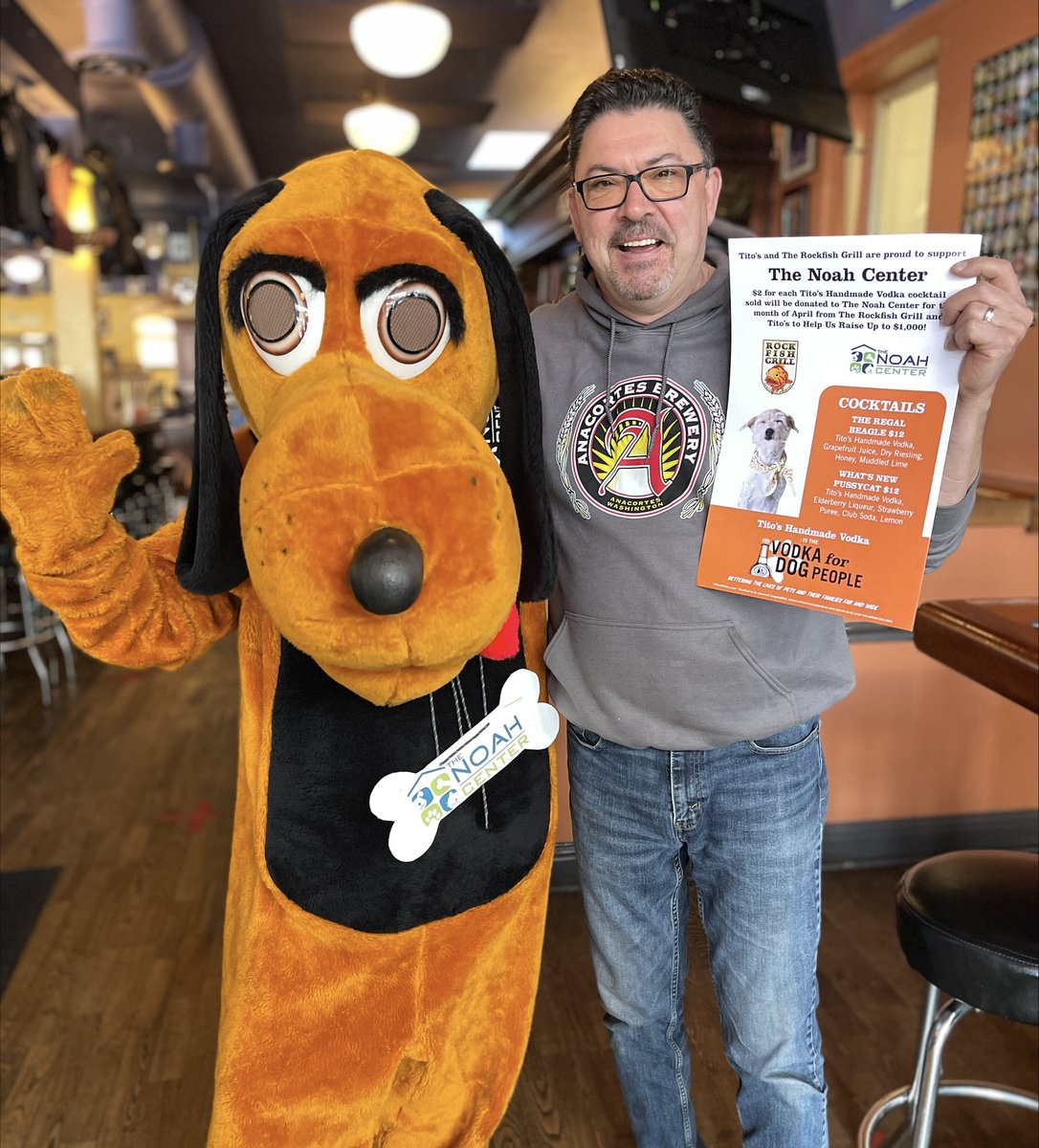 The Rockfish Grill is teaming with <a href="/TitosVodka/">TitosVodka</a> the entire month of April to help raise money for <a href="/TheNoahCenter/">The NOAH Center</a>! Order any of our 2 specialty cocktails and $2 from each purchase will be donated!  Check out NOAH if you'd like to provide a good home to a homeless cat or dog.