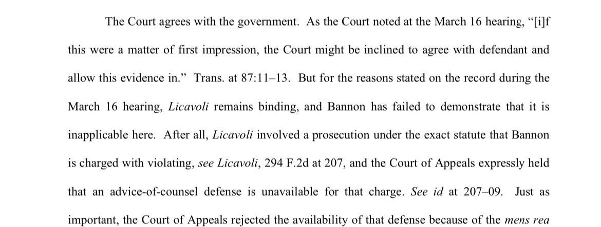 JoyceWhiteVance's tweet photo. Stare decisis holds. Judge Nichols refuses to let Bannon use an advice of counsel defense in front of the jury, and that’s about all he’s got. Will be interesting to see what he does next. https://t.co/ImEWMpRs50