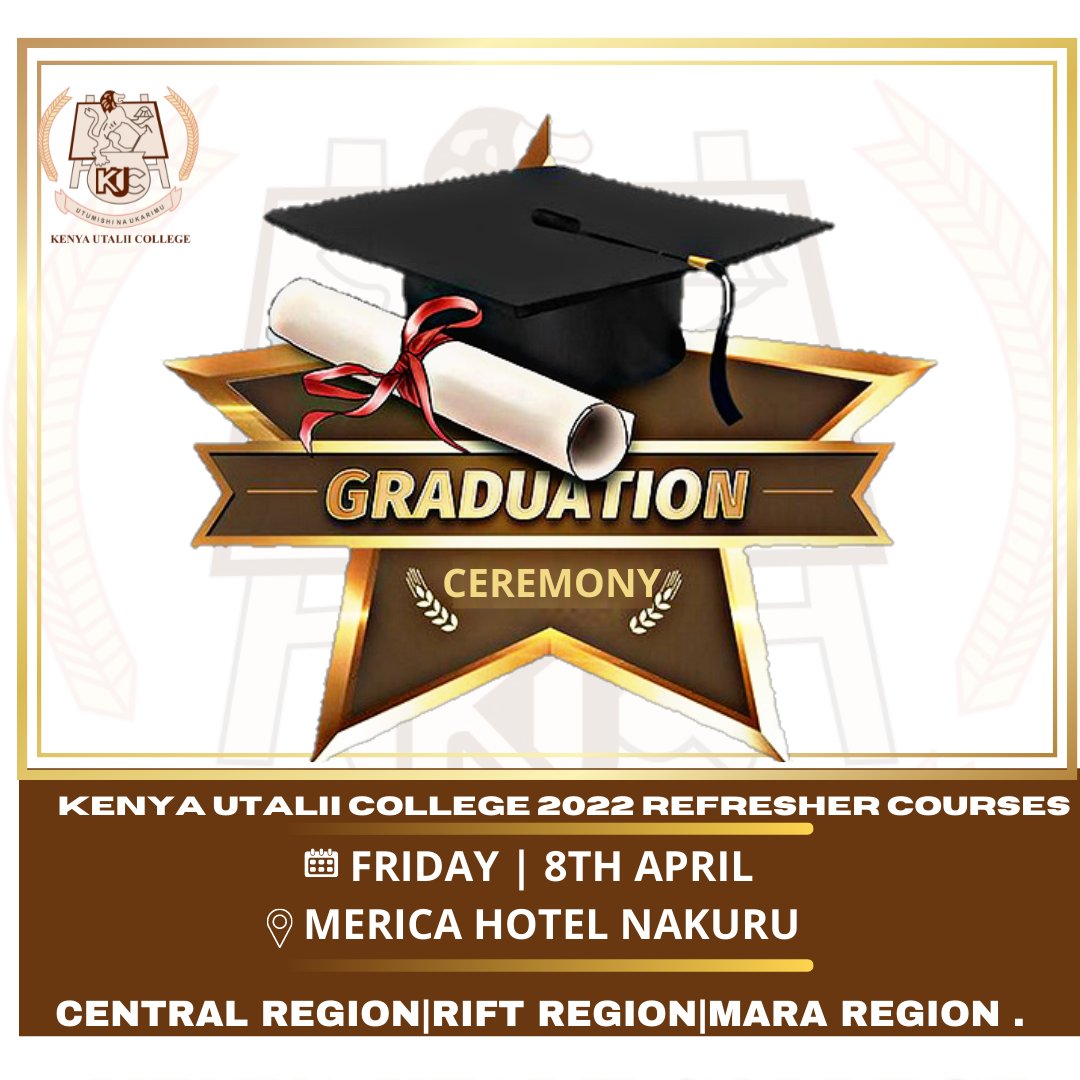 KenyaUtalii's tweet image. Kenya Utalii College Refresher Courses Graduation ceremony set for Friday 8th April at Merica Hotel, Nakuru. @MERICAHOTEL

#UtaliiRefresherCourses #KenyaUtalii #RefresherCourses