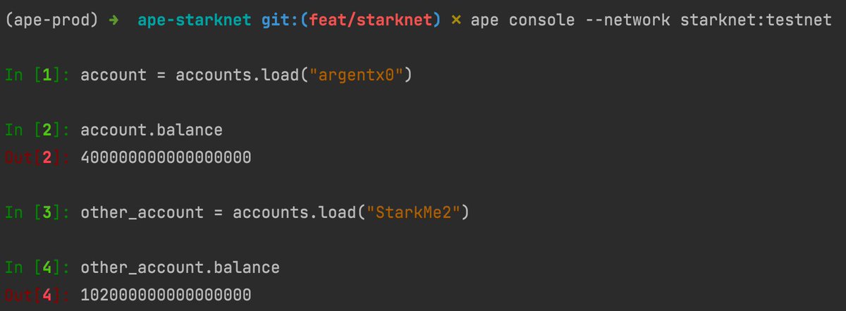 antazoey's tweet image. Now that I have testnet ETH in my Starknet accounts, I can begin paying fees.  #ApeFramework #StarkNet