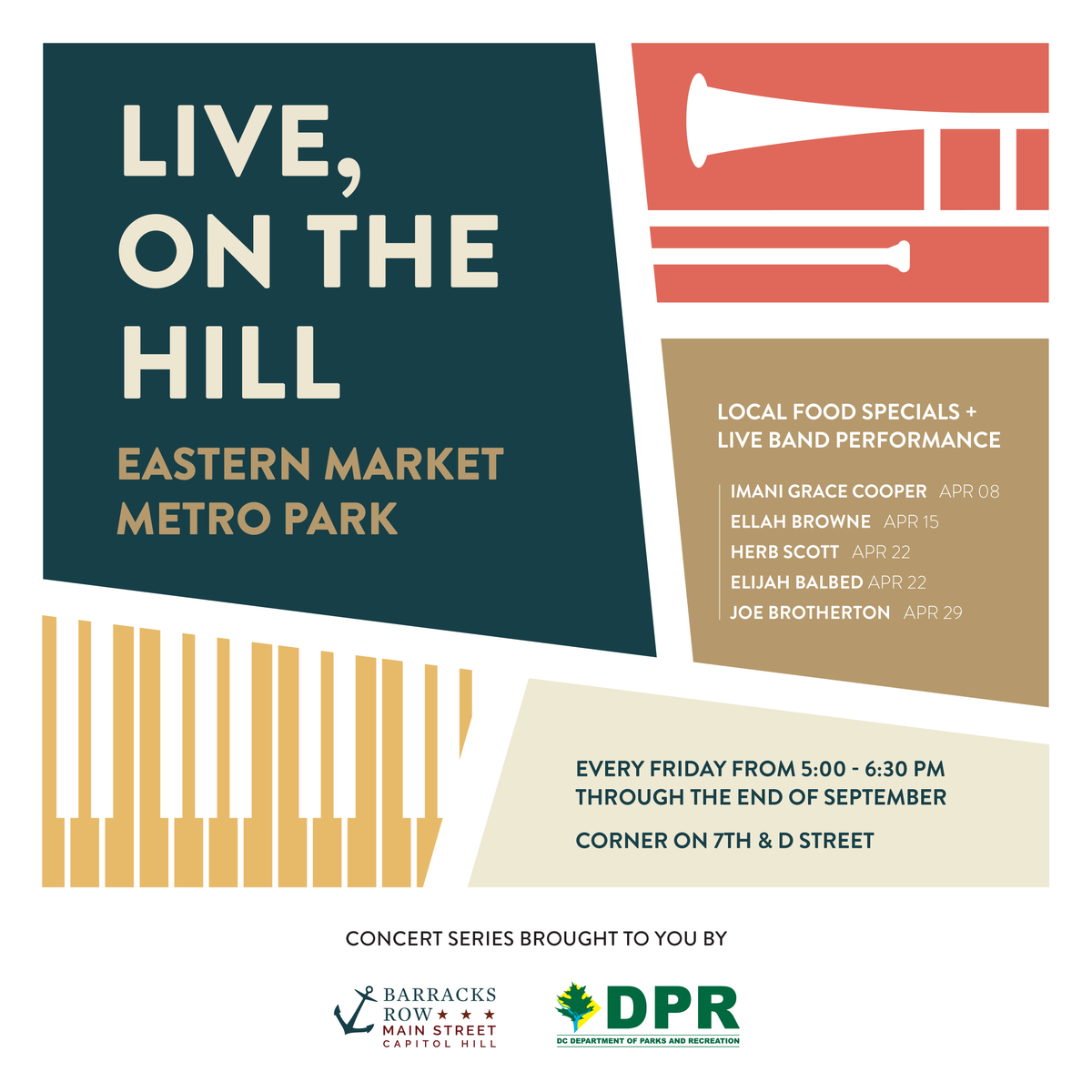 BarracksRow's tweet photo. The sun is making its way back to Barracks Row, and so is 'Live, On The Hill'! Grab a lawn chair, some bites, and join us in the Eastern Market Metro Park on Friday afternoons at 5pm for live jazz concerts, starting this Friday, April 8th with Imani Grace Cooper! 🎷 https://t.co/vwS6QYzO5t
