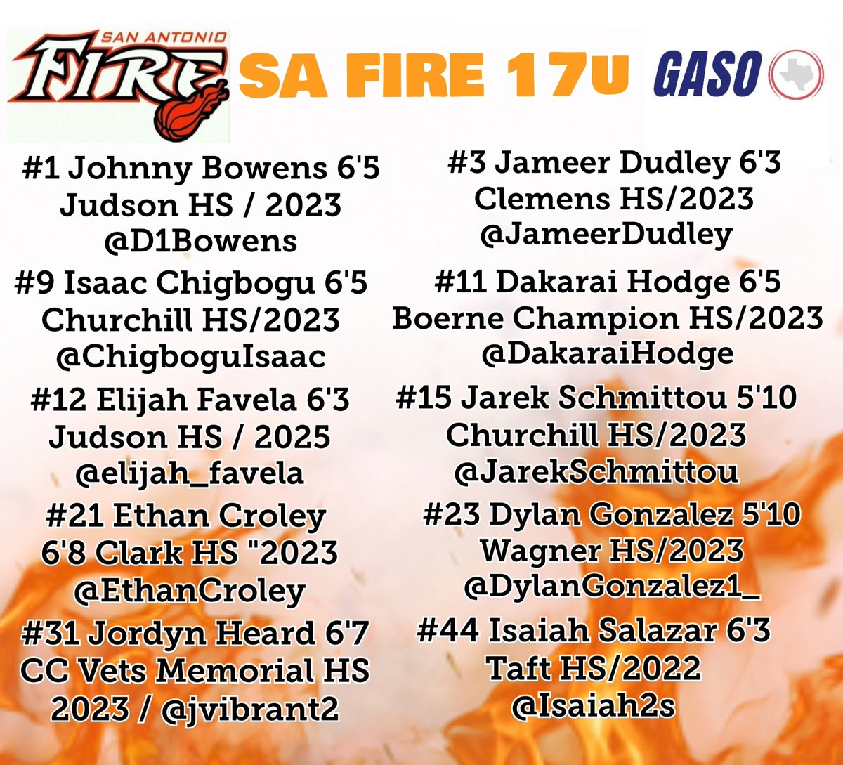 safire_210's tweet photo. SA Fire 17u roster and schedule for this weekends 1st live period😤😤😤 @TexasHoopsGASO #GASO #GASOopen1

@AlamoCityHoops1 @GASOTim @GASOBlue @GASOLyndon @GASOMass @Ani_Umana https://t.co/xDS1iMTbaO
