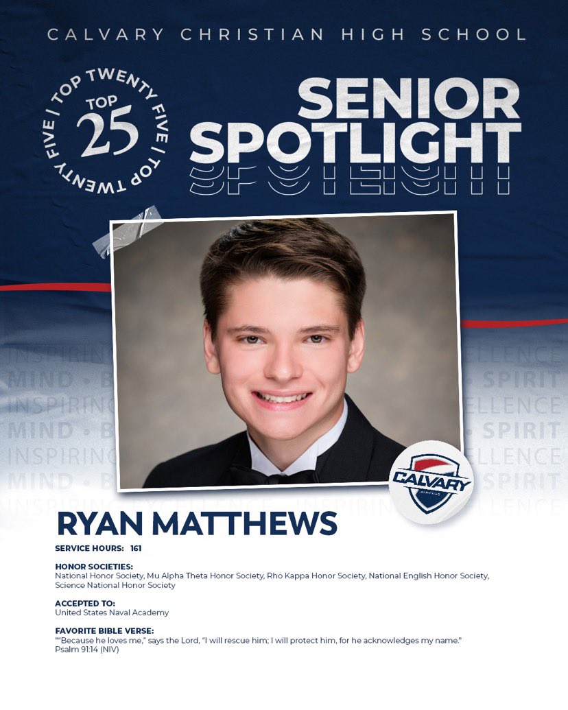 SportsCalvary's tweet photo. CCHS is pleased to introduce, Ryan Matthews, a Top 25 Student in the Class of 2022. Ryan is the son of Paul and Carol Matthews. Congratulations, Ryan! We are proud of you. #WeAreWarriors #classof2022 https://t.co/Y3w2IW2se5