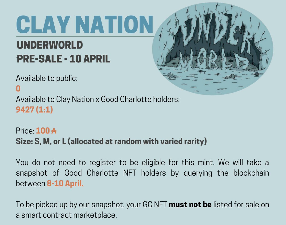 UPCOMING SALE: A friendly reminder to unlist your Clay Nation and Clay Nation x Good Charlotte before April 8 so that you will be eligible for the Sonic Village and Underworld sales by @The_ClayMates! This is exciting!
