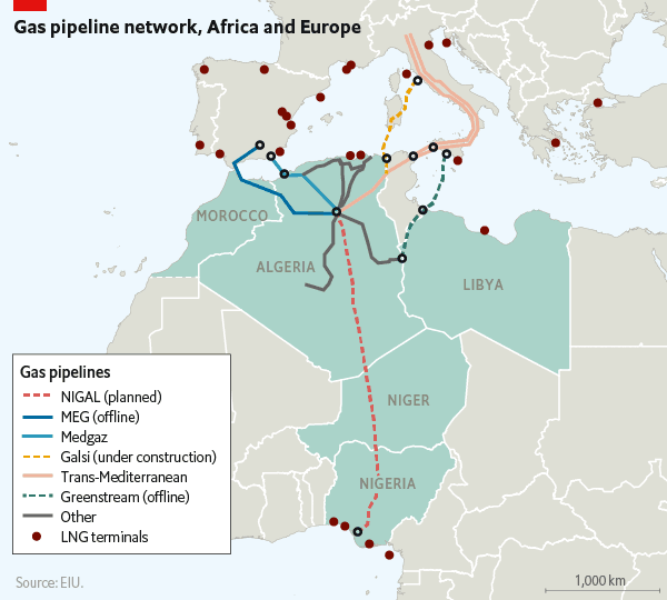 Imagen con la infraestructura operativa y planeada de gasoductos entre África y Europa.