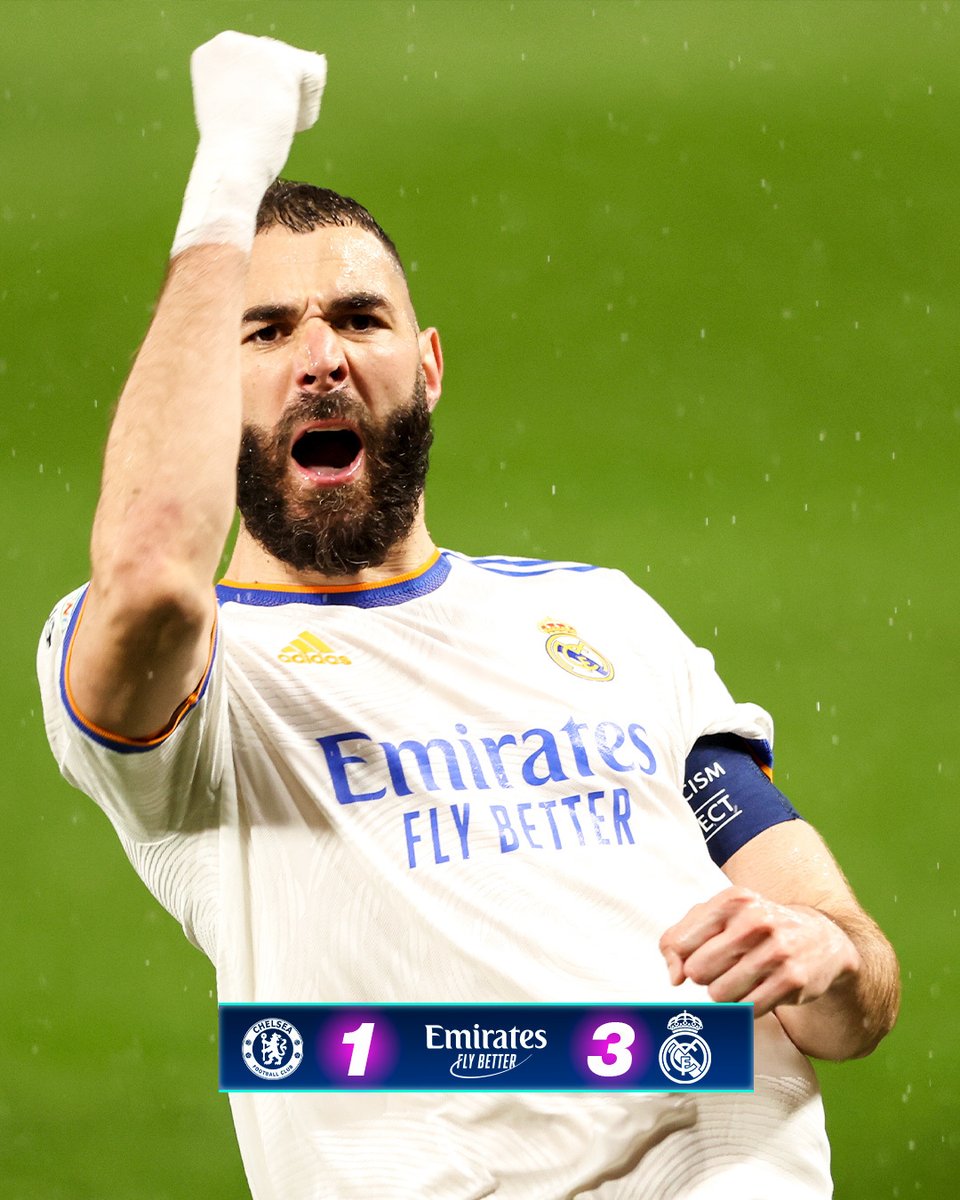 🏁 FP: <a href="/ChelseaFC_Sp/">Chelsea FC en español</a> 1-3 <a href="/realmadrid/">Real Madrid C.F.</a>
⚽ Havertz 40'; <a href="/Benzema/">Karim Benzema</a> 21', 24', 46'
#UCL | #Emirates