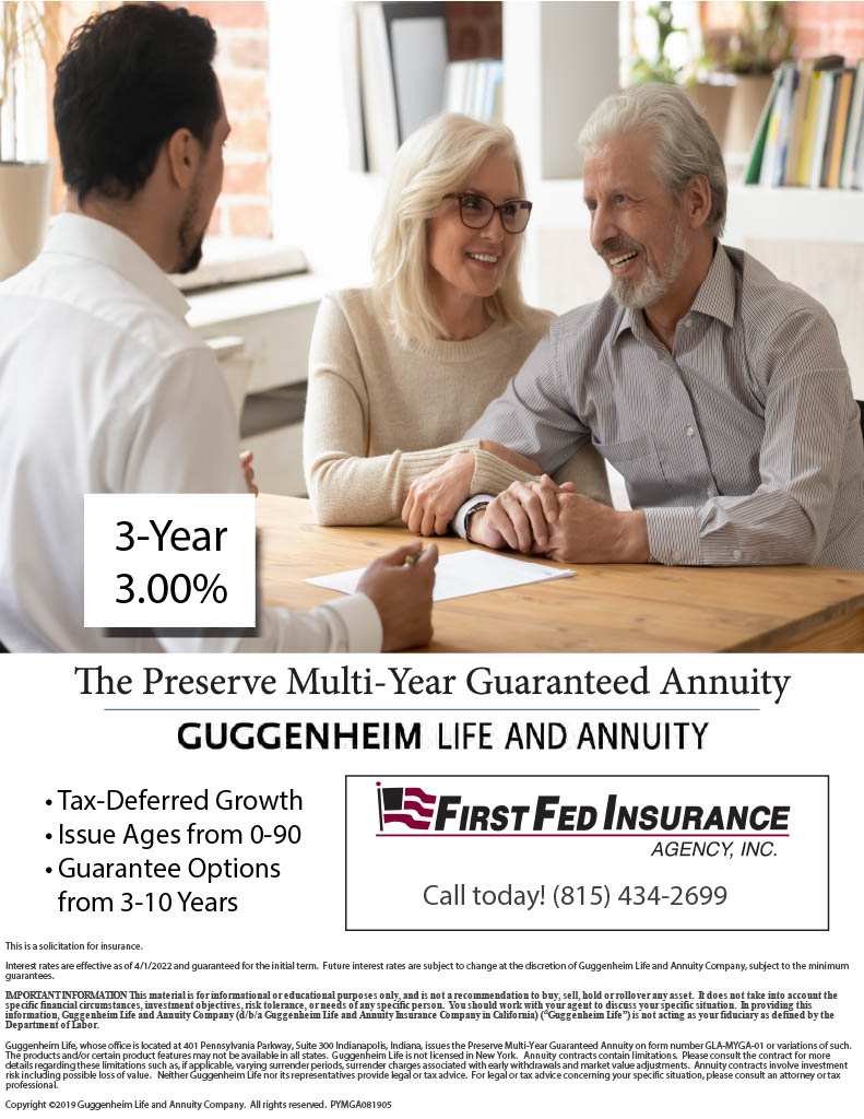 ffinsure's tweet photo. Effective April 1st, customers are eligible to receive a 3% interest rate for 3 years on the Preserve Multi-Year Guaranteed Annuity offered by Guggenheim Life and Annuity. Connect with a local agent today to take advantage of this great rate! https://t.co/FTkXteQtkx https://t.co/3r96Jz03Tp