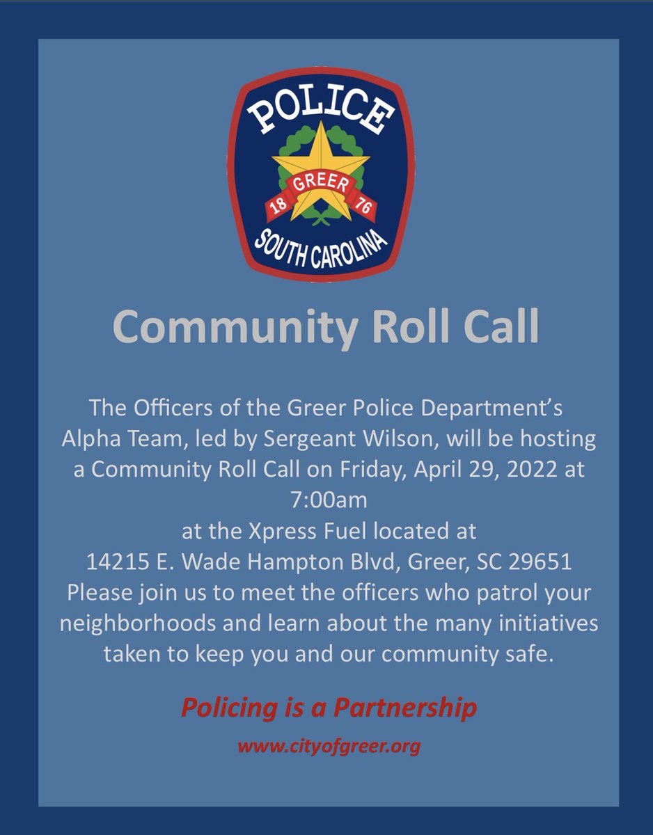 GreerPolice's tweet photo. We hope you can join our officers for this event on April 29th. #policingisaprtnership #thisisgreer #greerpd #communityrollcall https://t.co/vV4nrPQFwH