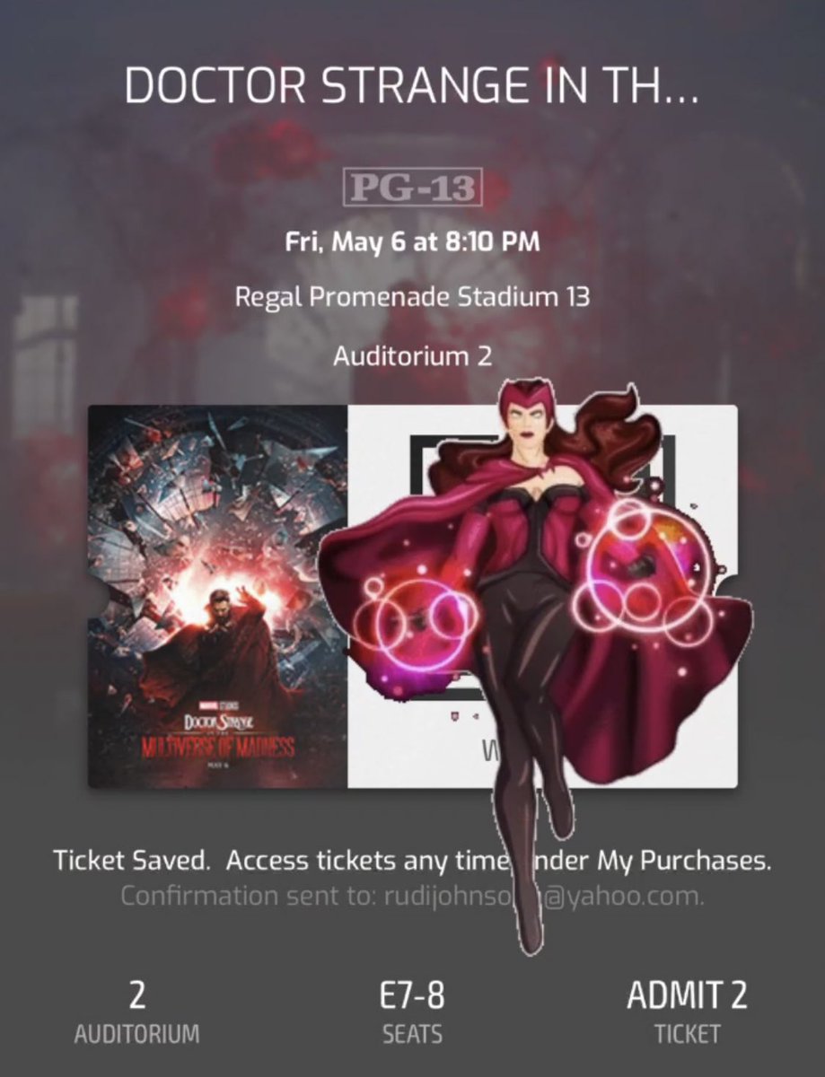 Meredit01741915's tweet photo. i just got my tickets for #MultiverseOfMadness and im so happy rn! it was so much easier than trying to get tickets for #NoWayHome i am so excited to see this movie next month! #WandaMaximoff #DoctorStrange #ScarletWitch #OneMonthToDoctorStrange2 #Marvel @MarvelStudios @DrStrange https://t.co/oKmQG7IkEI