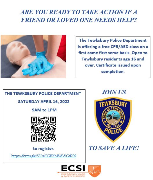 TewksburyPD's tweet photo. The Tewksbury Police Department is offering a free CPR course for #Tewksbury residents age 16 and over. Space is limited to 20 participants. 
Click the link below or scan the QR code to fill out the registration form. #CPR #CPRSavesLives  TPD51
https://t.co/00UtZjDmmd https://t.co/YUImfJkThj
