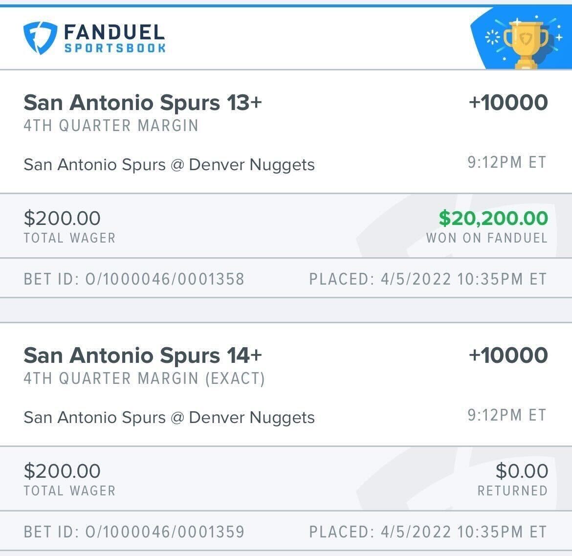 br_betting's tweet photo. One more point away from cashing both 100-1 fourth quarter margin bets on the Spurs last night 😱

(IG: mtorbik/@fdsportsbook) https://t.co/MLMxwAHFbi