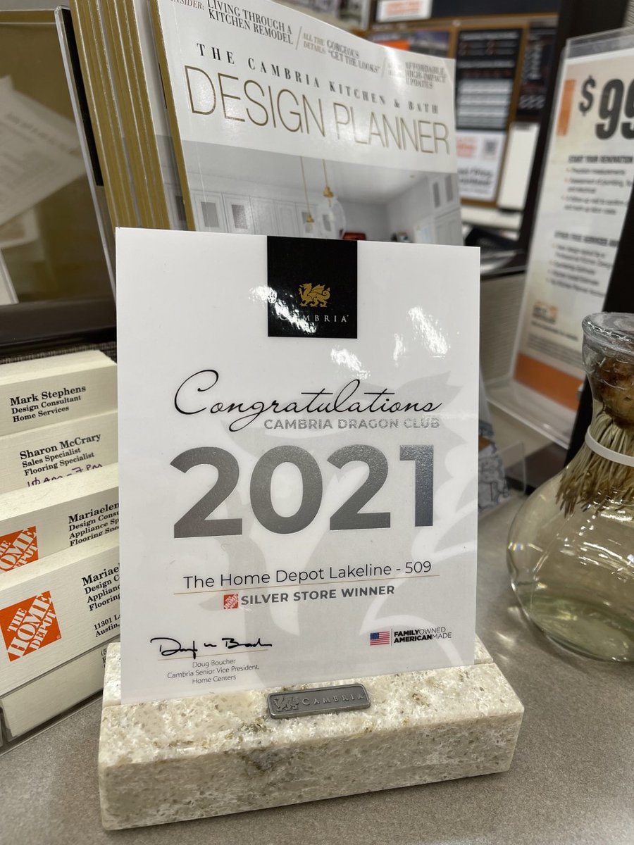 THD_HSPS_Kat's tweet photo. I can't be any prouder of the #Lakeline @HomeDepot to receive the prestigious @CambriaSurfaces #SILVER #award! As an #HSPS at this store, I know that the standards that #CAMBRIA represents.  Congratulations to #Store509 for being spectacular for #2021 #CAMBRIADRAGONCLUB! https://t.co/9GI7eUxzxV