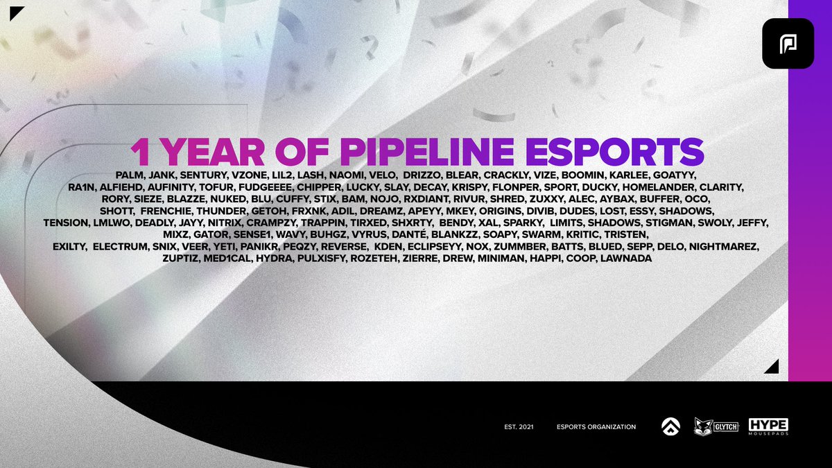 PipelineEsports's tweet image. 1 Year of Pipeline Esports! 🥳🎉

We couldn’t have done this without our supporters. Thank you all so much. 💜