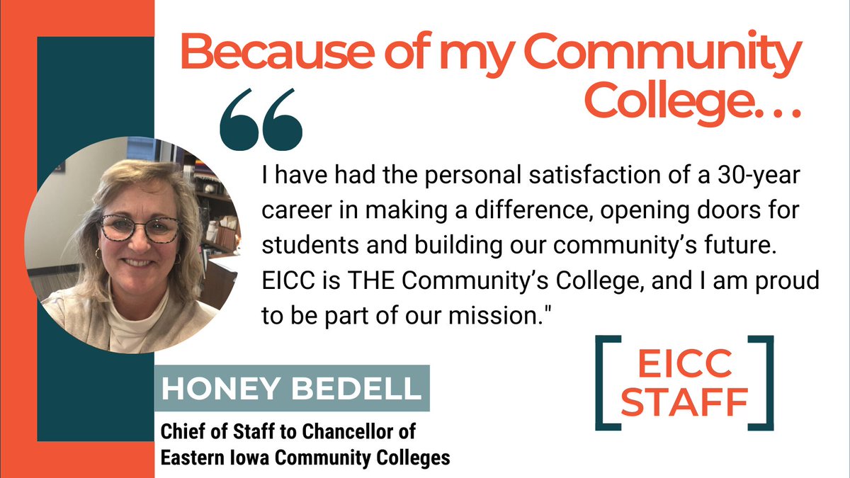 CCforIowa's tweet photo. Our Colleges not only positively affect our students' lives long-term, but provide lasting impact to our faculty and staff as well! Thanks so much for making #EICC shine, Honey! @CCTrustees @tweet_eicc #CCMonth #IowaCCMonth https://t.co/6QPc31TFPr