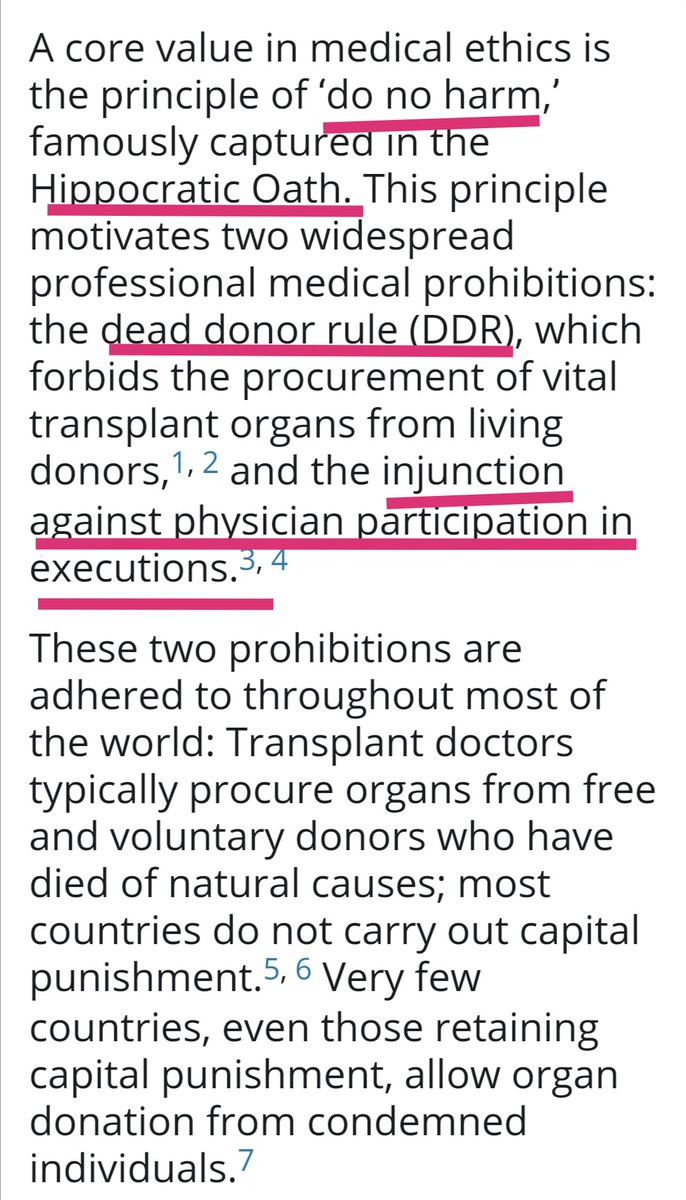 'The #DeadDonoRule is fundamental to #TransplantEthics.

The rule states that #OrganProcurement must not commence until the #donor is both dead & formally pronounced so, & by the same token, that procurement of organs must not cause the #DeathOfTheDonor../2