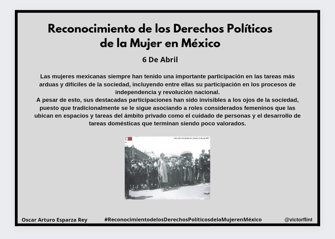 ESPARZAREYOSCA1's tweet photo. 6 de Abril. Reconocimiento de los Derechos Políticos de la Mujer en México.
El acto más valiente sigue siendo pensar por ti mismo. En voz alta.
(Coco Chanel)
#4AMARH #ReconocimientodelosDerechosPolíticosdelaMujerenMéxico https://t.co/wnfXhHXM15