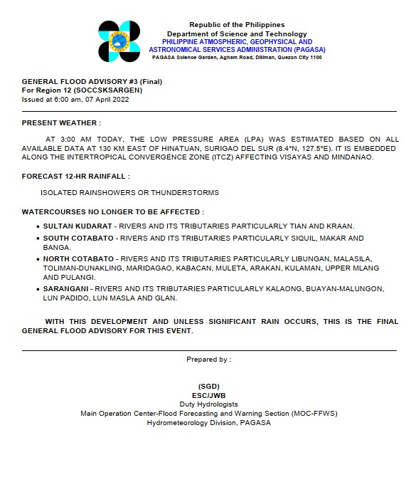 dost_pagasa's tweet photo. General Flood Advisories (GFAs)
Issued @ 6AM, 07 April 2022
Region 12 (SOCCSKSARGEN)- #GFA3 Final
Region 13 (CARAGA) - #GFA5 https://t.co/4ou4ib3BiH