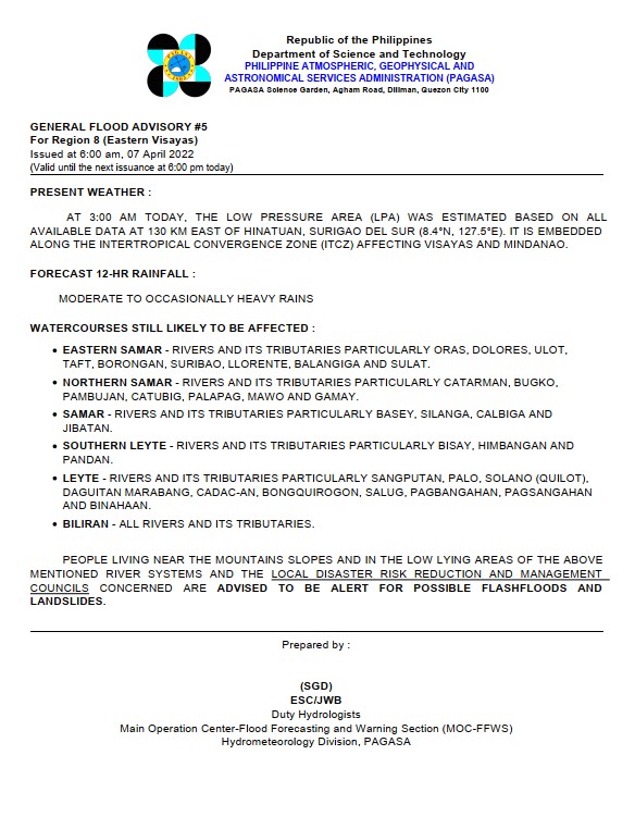 dost_pagasa's tweet photo. General Flood Advisories (GFAs) 
Issued @ 6AM, 07 April 2022
Region 8 (Eastern Visayas) - #GFA5
Region 9 (Zamboanga Peninsula) - #GFA3 Final
Region 10 (Northern Mindanao) - #GFA4
Region 11 (Davao Region) - #GFA5 Final https://t.co/RDAbX2SMxr