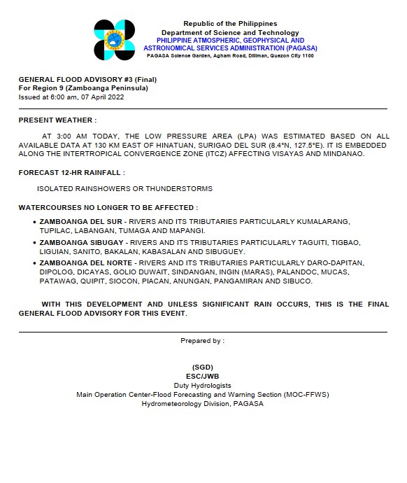 dost_pagasa's tweet photo. General Flood Advisories (GFAs) 
Issued @ 6AM, 07 April 2022
Region 8 (Eastern Visayas) - #GFA5
Region 9 (Zamboanga Peninsula) - #GFA3 Final
Region 10 (Northern Mindanao) - #GFA4
Region 11 (Davao Region) - #GFA5 Final https://t.co/RDAbX2SMxr