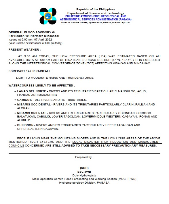 dost_pagasa's tweet photo. General Flood Advisories (GFAs) 
Issued @ 6AM, 07 April 2022
Region 8 (Eastern Visayas) - #GFA5
Region 9 (Zamboanga Peninsula) - #GFA3 Final
Region 10 (Northern Mindanao) - #GFA4
Region 11 (Davao Region) - #GFA5 Final https://t.co/RDAbX2SMxr