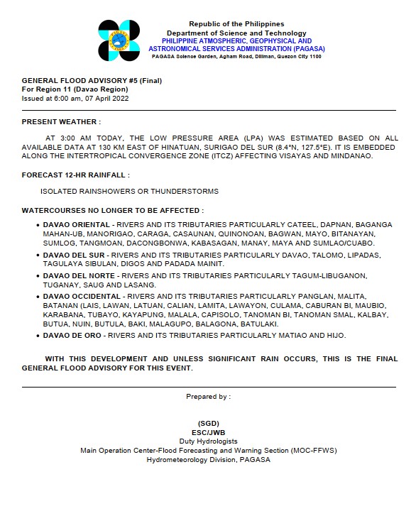 dost_pagasa's tweet photo. General Flood Advisories (GFAs) 
Issued @ 6AM, 07 April 2022
Region 8 (Eastern Visayas) - #GFA5
Region 9 (Zamboanga Peninsula) - #GFA3 Final
Region 10 (Northern Mindanao) - #GFA4
Region 11 (Davao Region) - #GFA5 Final https://t.co/RDAbX2SMxr
