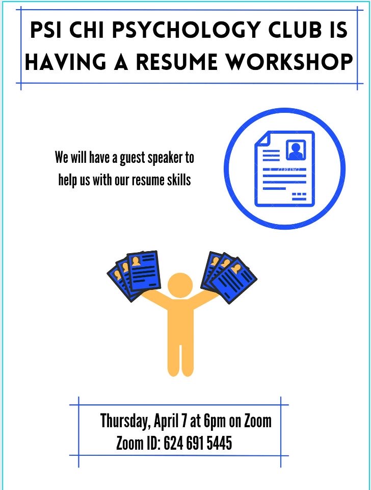 Do you need help with freshening up or starting your resume? The Psi Chi International Honors Society and Psychology Club will be hosting a resume workshop in collaboration with the Career Advising office at NMSU. The event will be on Zoom at 6PM Thursday April 7th.