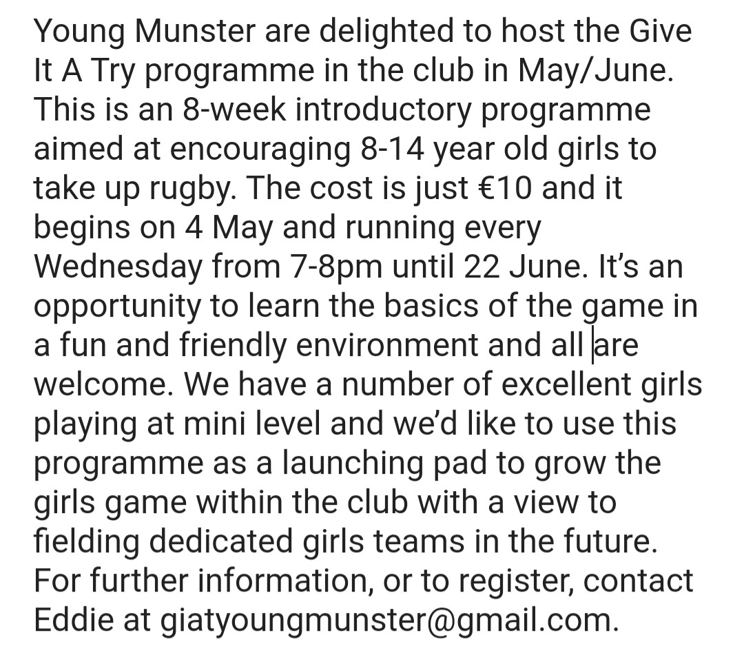YoungMunsterRFC's tweet photo. See note below about the give it a try program the club are running. For further information, or to register, contact Eddie at giatyoungmunster@gmail.com https://t.co/a6nvO9UwuR