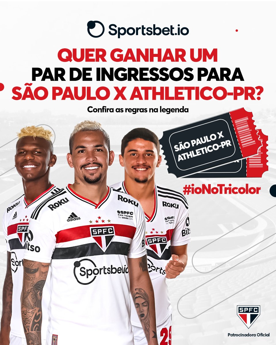 sportsbetiobr's tweet photo. Bora ver o Tricolor estrear no Brasileirão direto do Morumbi? 🏟️

Nós vamos presentar  um seguidor com um par de ingressos para o jogo entre São Paulo e Athletico-PR no domingo.

Pra participar é só:
↪️Dar RT nesse tweet
↪️Seguir @sportsbetiobr

O resultado sai na sexta 12h! https://t.co/nayGgXJExA
