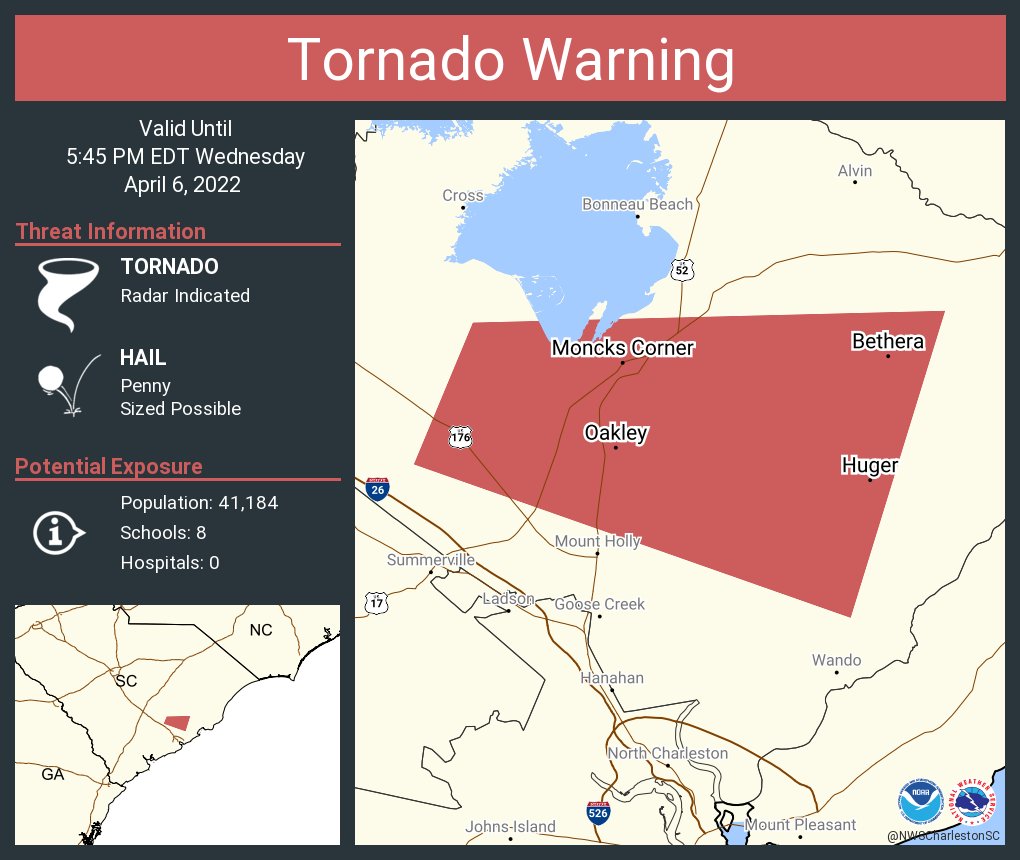 NWSCharlestonSC's tweet photo. Tornado Warning including Moncks Corner SC, Pinopolis SC, Oakley SC until 5:45 PM EDT https://t.co/MKb4a6Uu2M