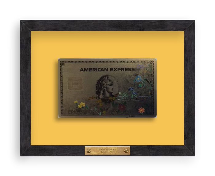 AyeshaSelden's tweet photo. My friend @theeEricGordon did this to his Kehinde Wiley Amex card lol lol. The inscription reads: closest I’ll get to a Kehinde Wiley. https://t.co/LosSOzMQFK