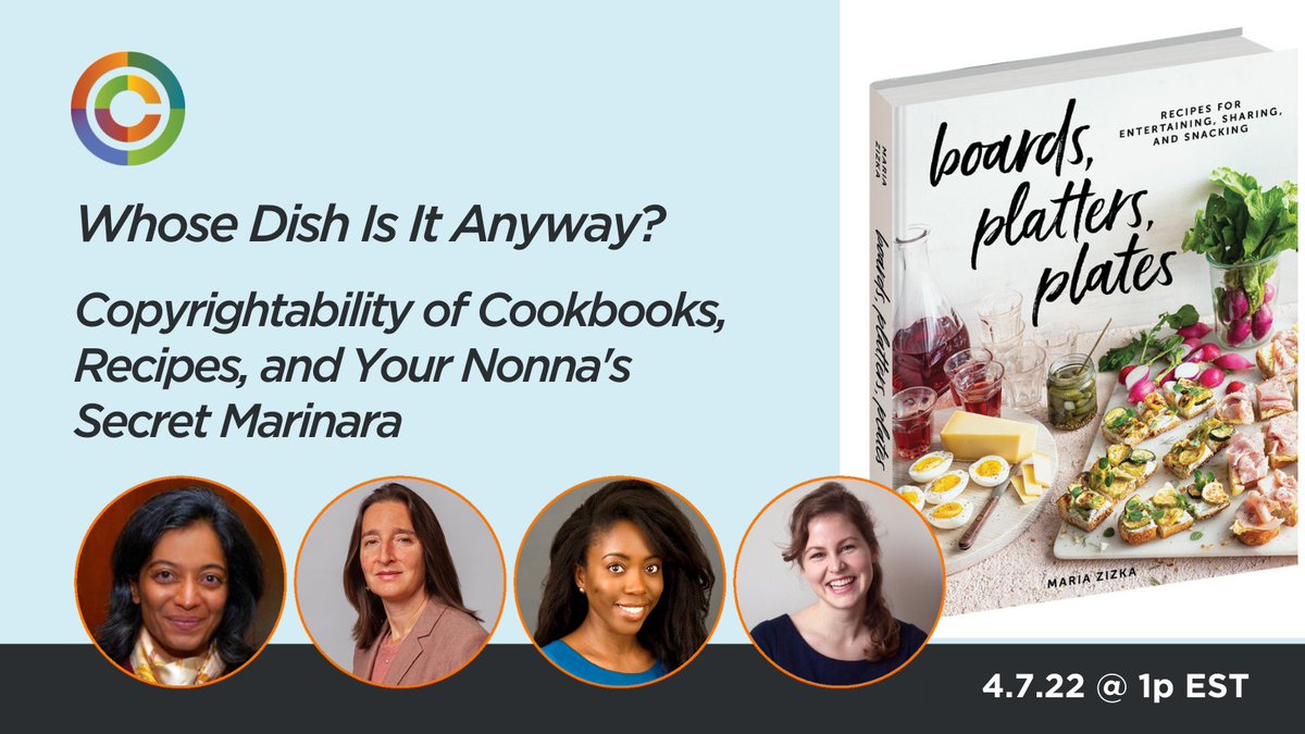 copyrightsoc's tweet photo. Our mouth is watering just thinking about tomorrow's Copyrightability of Recipes webinar with cookbook author @MariaZizka, @LynnOberlander, Jalyce Mangum from the @CopyrightOffice and Dr. Bhamati Viswanathan dishing out one tasty discussion!  Sign up at https://t.co/gVGBvDX02Q https://t.co/t746oOqABN