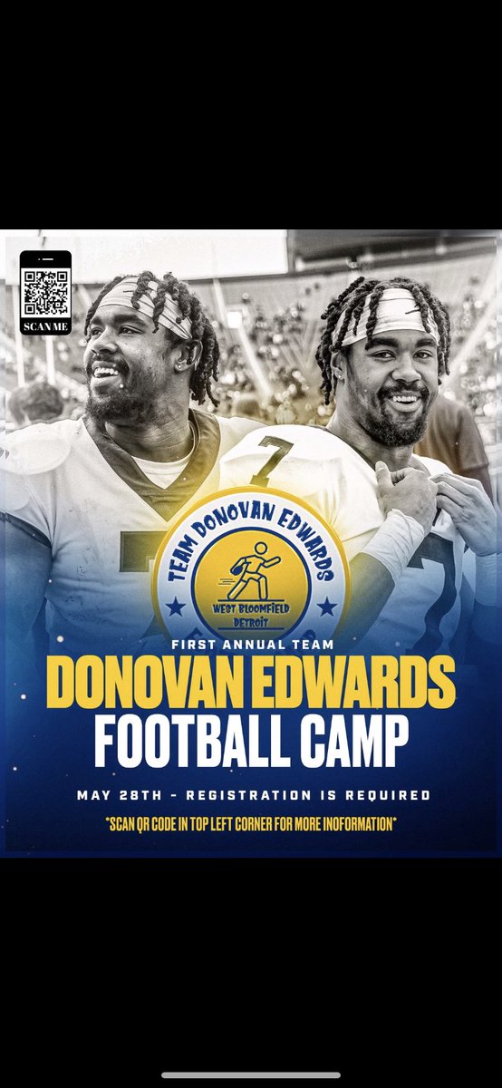 I’m very humble and existed to announce the TEAM Donovan Edwards youth football camp for children! Click the link or scan the code for all the details! Registration is required. donovan-edwards.com/pages/camps