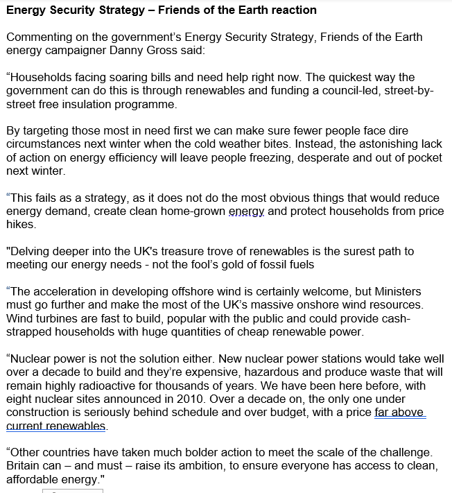 MikeChilds1's tweet photo. The government has released it's energy security strategy. They have failed households facing soaring bills. The lack of action on energy efficiency is a disgrace and will cost lives next winter as people freeze in their homes. Friends of the Earth press release. https://t.co/CKbz0r18cw