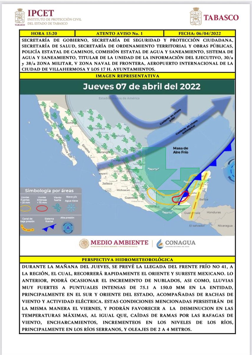 ProcivilTabasco's tweet photo. ☔ #AvisoPrecautorio II Atento aviso ante la llegada del Frente Frío No. 41 a Tabaco a partir de este jueves.
Mántengase informado del sistema frontal que pudiera traer lluvias importantes en la entidad tabasqueña.
#PrevenirEsVivir https://t.co/QfPuSv0KlO