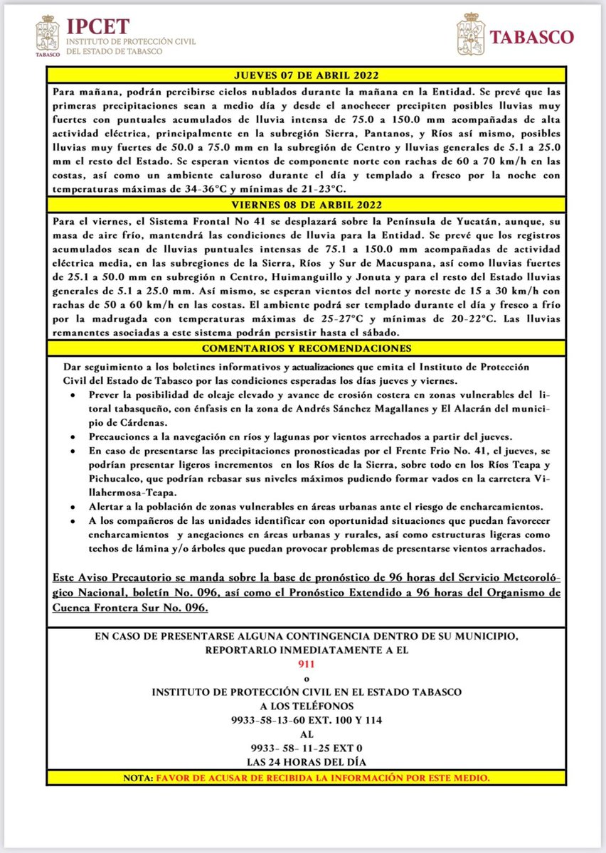 ProcivilTabasco's tweet photo. ☔ #AvisoPrecautorio II Atento aviso ante la llegada del Frente Frío No. 41 a Tabaco a partir de este jueves.
Mántengase informado del sistema frontal que pudiera traer lluvias importantes en la entidad tabasqueña.
#PrevenirEsVivir https://t.co/QfPuSv0KlO