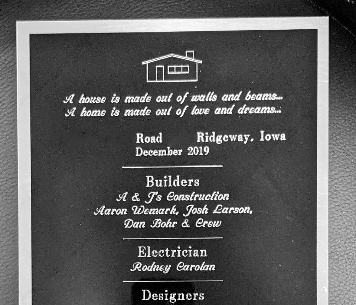 HolstromJewelry's tweet photo. Have you built a house or special building? Instead of writing on the walls, why not engrave the information on a plate. #engraving #newhouse #holstroms #Cresco #Shopsmall #HolstromsEngraving #HolstromsGiftJewelry https://t.co/lcubERZHuS
