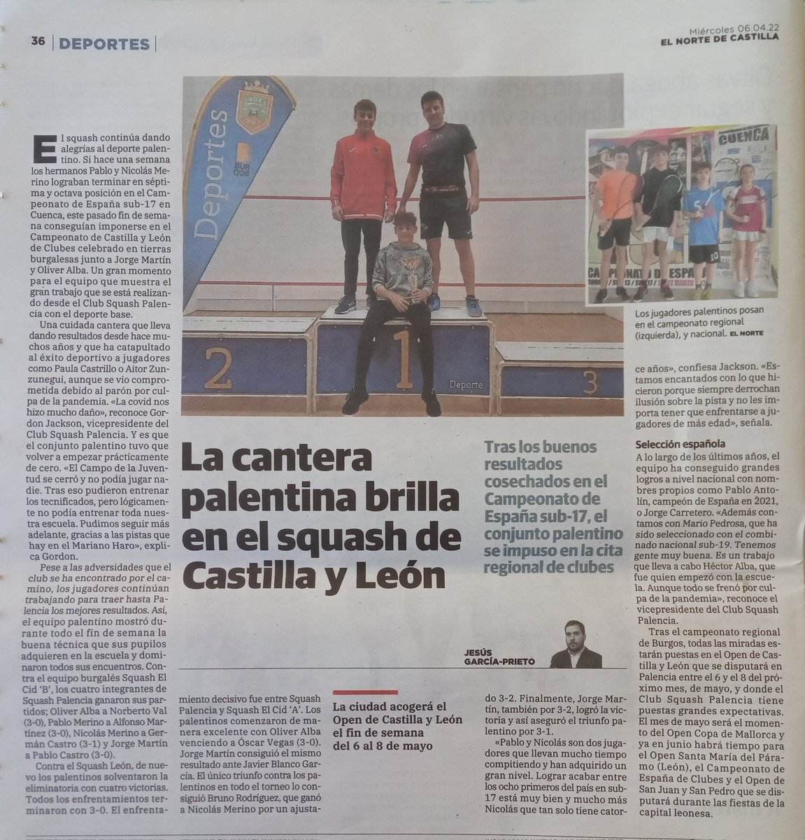 JGordonJackson's tweet photo. La prensa haciendo eco de la victoria de @SquashPalencia en el Cto de CyL el fin de semana pasada.
The press covering @SquashPalencia winning the Castile and Leon Championship last weekend. https://t.co/iGPcbdyWxe
