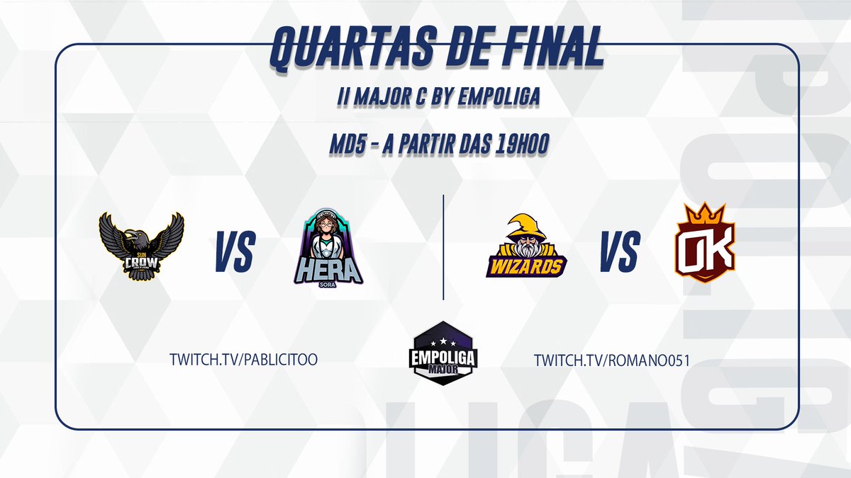 EmpoligaVP's tweet photo. Hoje também tem decisão na #EmpoligaMajor C! 

Dois confrontos valendo vagas nas semifinais e acesso a Major B do próximo split!

A partir das 19h, em Md5:

@SuncrowEsports x @herasoralol 
https://t.co/STwAgJsvfb

@BrasiliaWizards Y x @OrangeKingdomBR 
https://t.co/J91Rllt00f https://t.co/L2umsJoNQo