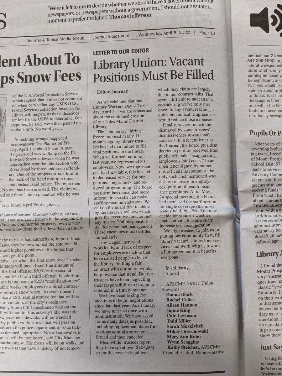 storytiming's tweet photo. Finally our side of the story is in print #nmdlUnion #savenileslibrary https://t.co/vVlq9r8IIt