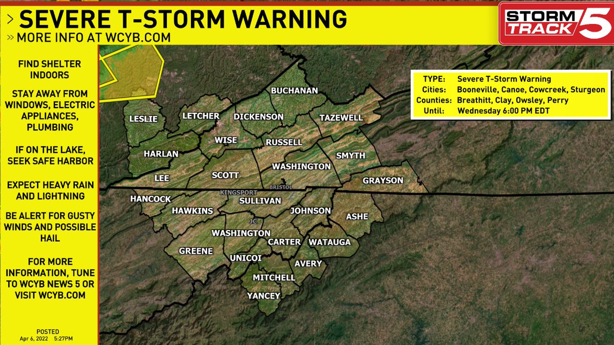 SEVERE T-STORM WARNING issued by the National Weather Service. More info at WCYB.com/weather.