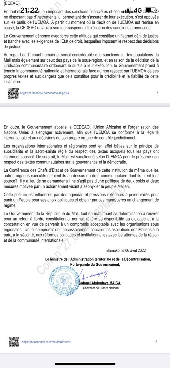 Suivez le communiqué du Gouvernement du Mali sur le refus des instances de l’UEMOA et de la CEDEAO à appliquer l’ordonnance de la cour de justice de l’Uemoa prônant la levée immédiate des sanctions contre le Mali. Quel déni de justice!!! Appréciez par vous même 👇🏿👇🏿👇🏿