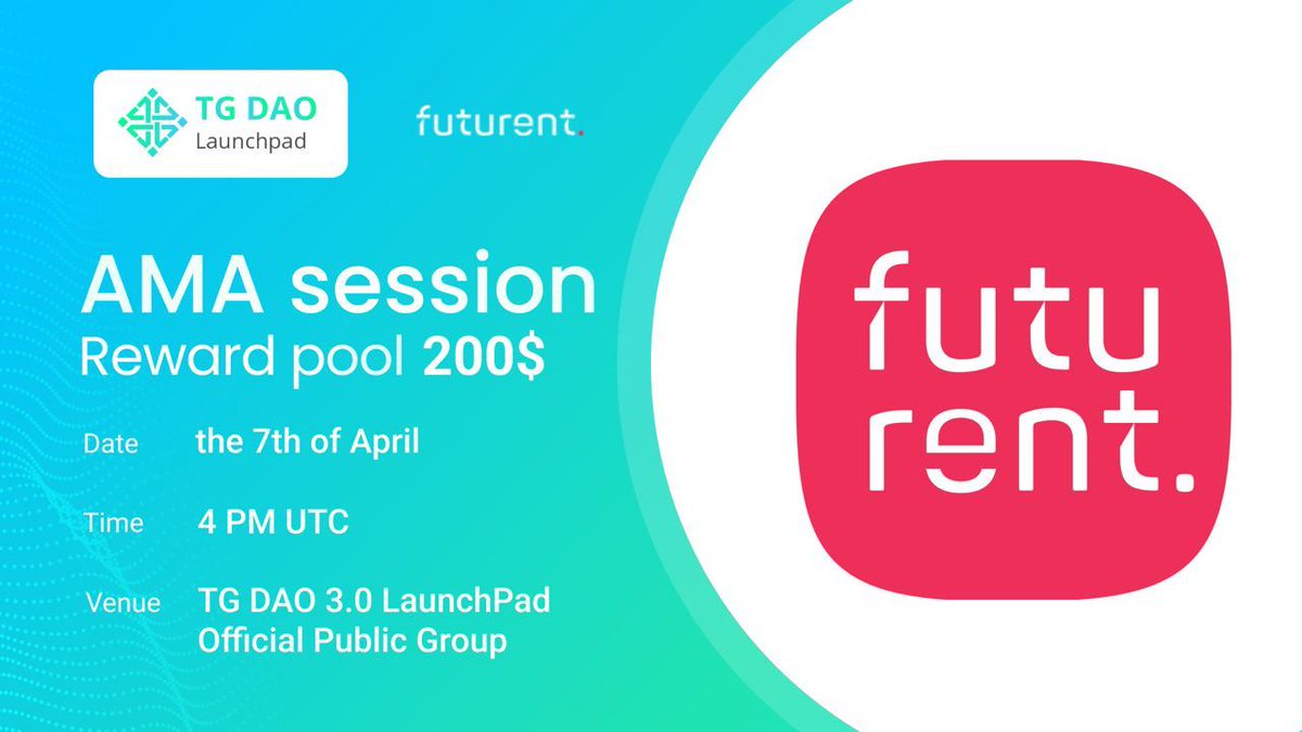 tgdaopad's tweet photo. AMA session reminder 🔥

🕰 Date: April 7th 2022, at 4 PM UTC
📍Venue: TG DAO 3.0 Launchpad Telegram Group

⚠️Requirements:
👉 Join https://t.co/BuLrU0VhEb
👉 Join https://t.co/hocU8wuLjx
👉 Join @futurentIO 

💰Total Reward pool: $200💰 https://t.co/ejqnqermRr
