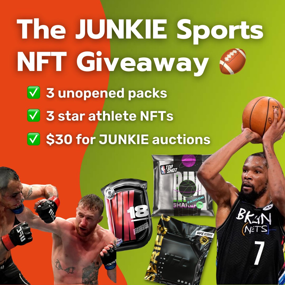 junkieappxyz's tweet photo. Join our biggest giveaway EVER, celebrating our beta launch!
The winner gets:
🌟 3 packs - NBA Topshot, NFL &amp; UFC Strike
🌟 3 athlete NFTs
🌟 $30 on JUNKIE!
TO ENTER:
1️⃣ Follow us
2️⃣ Retweet this
Naming the winner on 4/11!
#nft #nftcommunity #collectibles #giveaway #nftcollector https://t.co/nMuZMMXYEN