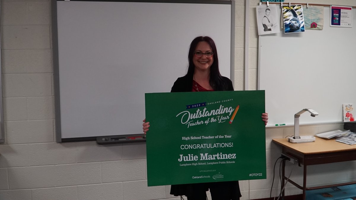 OaklandSchools's tweet photo. Congratulations to @LamphereSchools' Julie Martinez on being recognized as the 2022 Oakland County Outstanding High School Teacher of the Year.
#OTOY22 https://t.co/vGAi6bZBlX