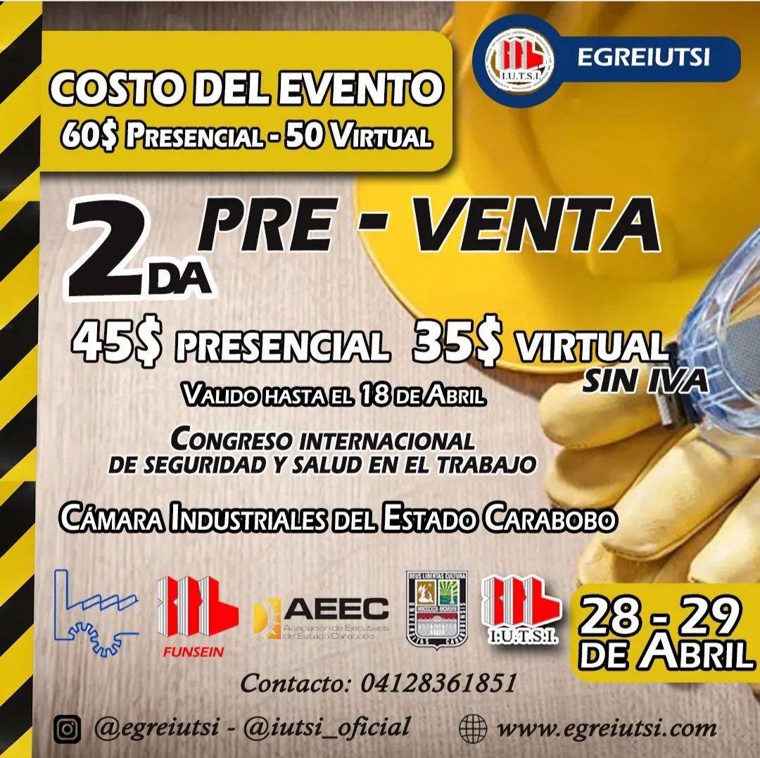 Inprofuegoca's tweet photo. Inprofuego patrocinantes oficial tiene el gusto de invitarles al 1 congreso internacional de salud y seguridad laboral a realizarse los días 28 y 29 de abril en la cámara de industriales del Edo. Carabobo https://t.co/Abmnxa7LEQ