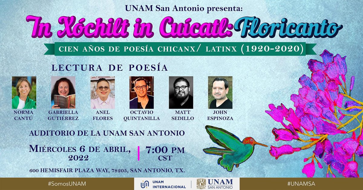 OctQuintanilla's tweet photo. This is tonight | UNAM San Antonio | Anthology launch: In Xóchitl In Cuícatl: Floricanto. One Hundred Years of Chicanx/Latinx Poetry (1920-2020) | w/ Alfredo Avalos | Norma Elia Cantú | Gabriella Gutiérrez Muhs | Matt Sedillo | John Espinoza
7pm
#frontexto #frontextos https://t.co/Im97W5l7gc