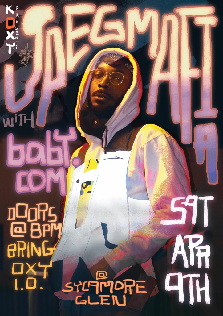 JPEGMAFIA IS COMING TO OXY!

THIS SATURDAY APRIL 9th at SYCAMORE GLEN! Opening with baby.com!

Doors open at 8 PM; enjoy all the music we have in store!!🎤

Remember: wear your MASKS😷, and water will be provided💧

#occidental #oxy #studentlife #students
