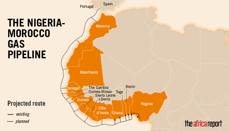 Imagen con el proyecto de gasoducto Nigeria-Marruecos, que busca extender la conexión gasística a lo largo de la costa occidental africana y hasta las puertas de España.
